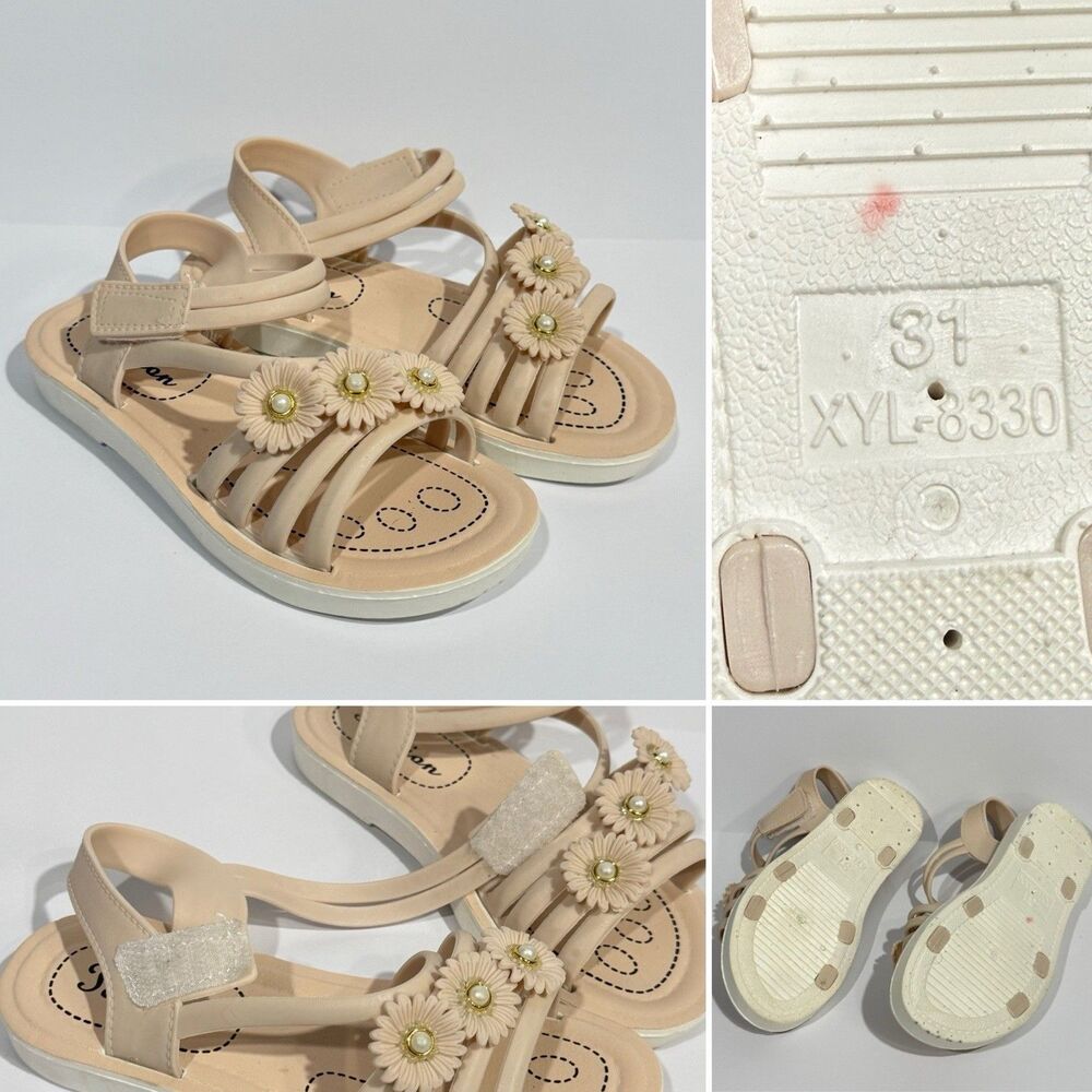 Girls PVC Sandals Size 12 Beige Floral Pearl Non-Slip Summer Shoes Hook & Loop - Picture 16 of 16